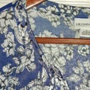 Liz Claiborne Blue Floral Blouse • Short Sleeve • Tie‑Neck • Silver Hardware 💙